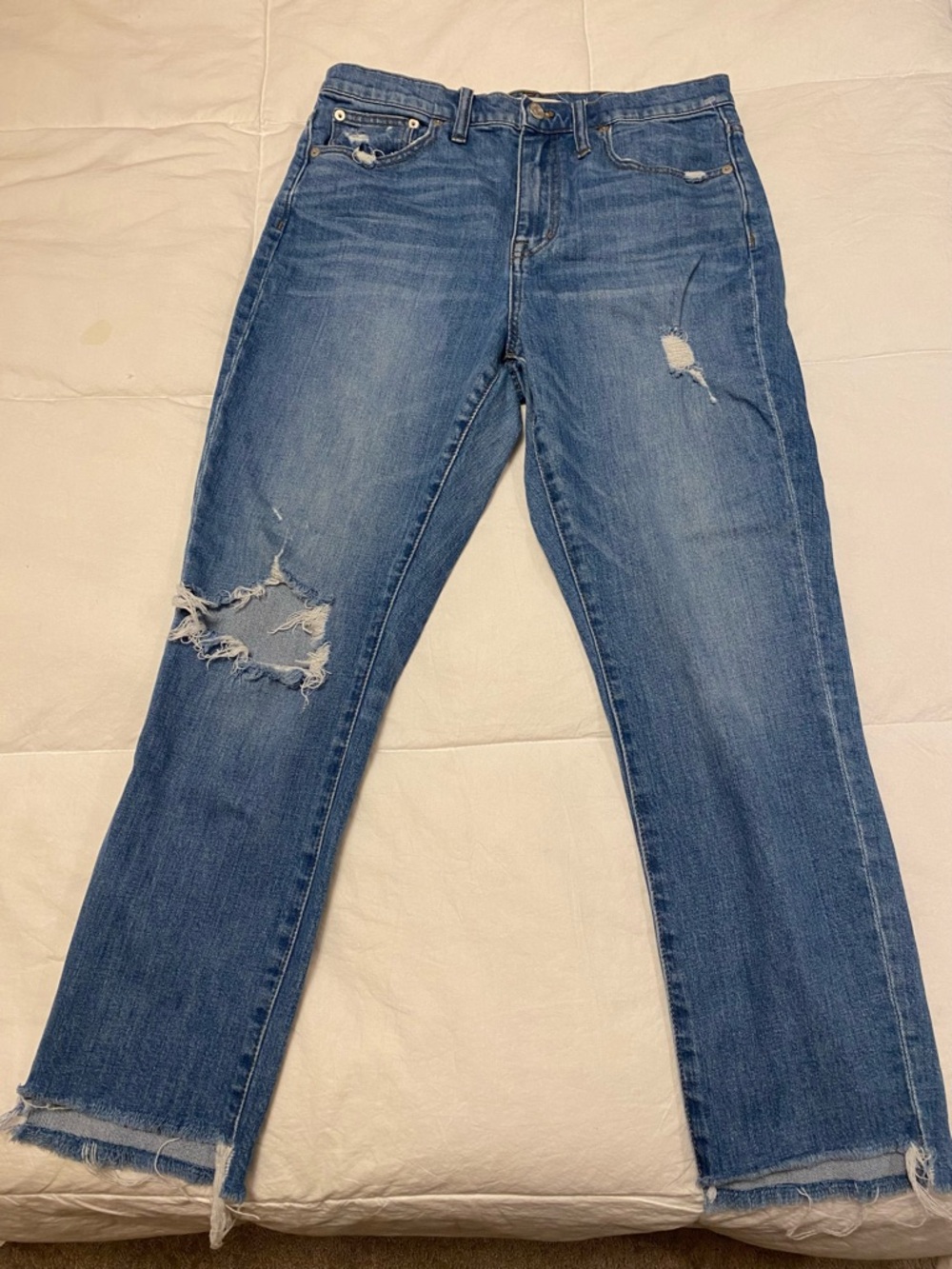 Madewell Blue Straight-Leg Distressed High-Rise Slim Boy Jean
